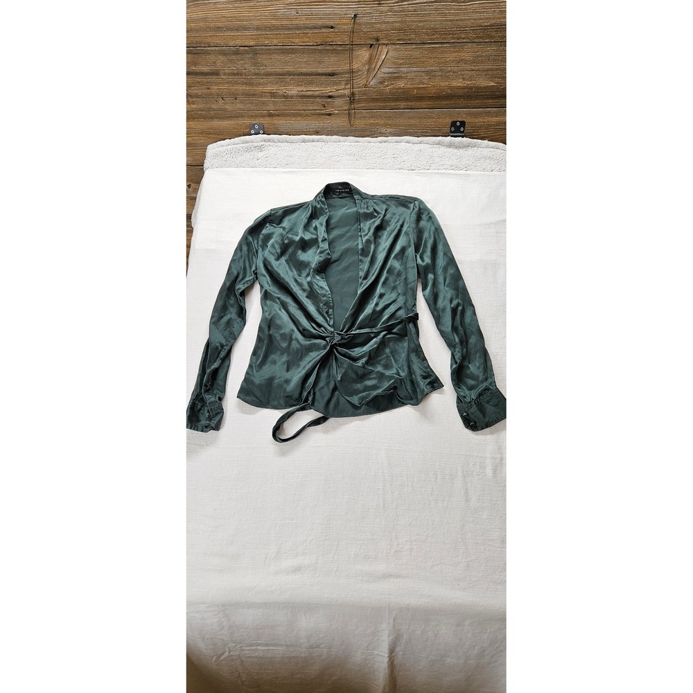 The Limited Women Green Satin Twist Front Wrap Blouse Long Sleeve XS